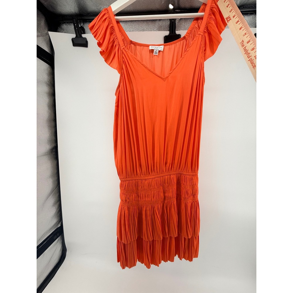 Current Air Los Angeles Orange Pleated Ruffle Mini Dress V-Neck Smocked Medium
